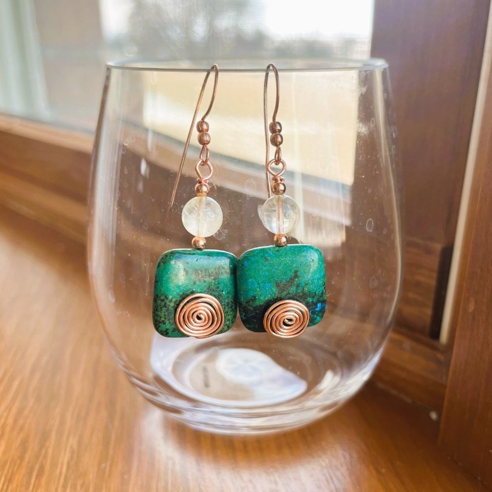 Chrysocolla and Citrine with Copper Genuine Gemstone Earrings, Handmade Original
